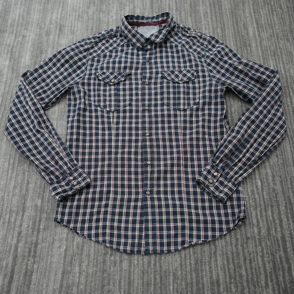 Heritage 1981 Plaid‎ Button Up Shirt Blue Red Flip Cuff Pearl Snap Medium